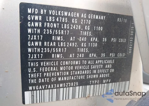 2010 Volkswagen Tiguan Wolfsburg Edition from USA, damaged, VIN WVGAV7AX3AW523825